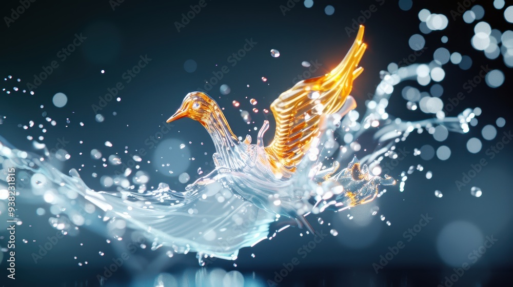 Poster a captivating illustration of a water splash forming the shape of a phoenix, with dynamic lines and 