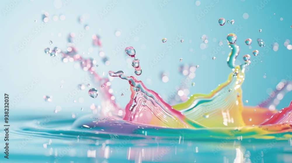 Poster a vibrant illustration of colorful water splashes creating a rainbow arc, with vivid hues and dynami