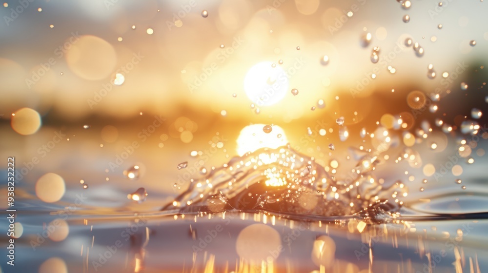 Poster a captivating rendering of waves splashing under a golden sunset, with warm tones and shimmering dro