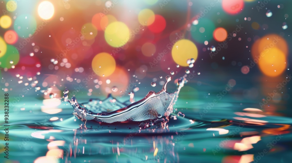 Poster a mesmerizing illustration of water splashes illuminated by a prism of light, creating a spectrum of