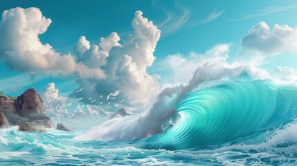 Fototapeta premium A dynamic illustration of massive splashing waves crashing against rocky cliffs, with detailed droplets and foamy textures capturing the raw power of the ocean