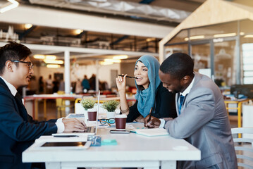 Diversity, professional and people for meeting in office with notebook, planning schedule and ideas of project. Islamic woman, men and talking for teamwork, brainstorming or laptop of business growth