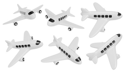White airplanes in different angles. Isolated set of cartoon airplanes for aviation design. 3D rendering.