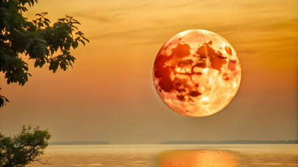 a moon with a rich red hue hangs low in the