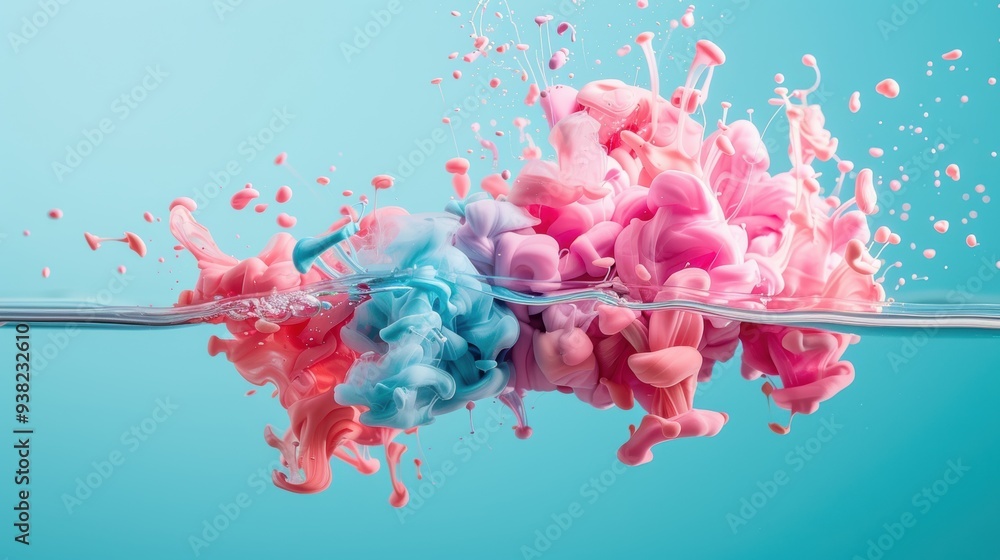 Poster mesmerizing patterns of liquid paint and ink swirling underwater, creating artistic abstract designs