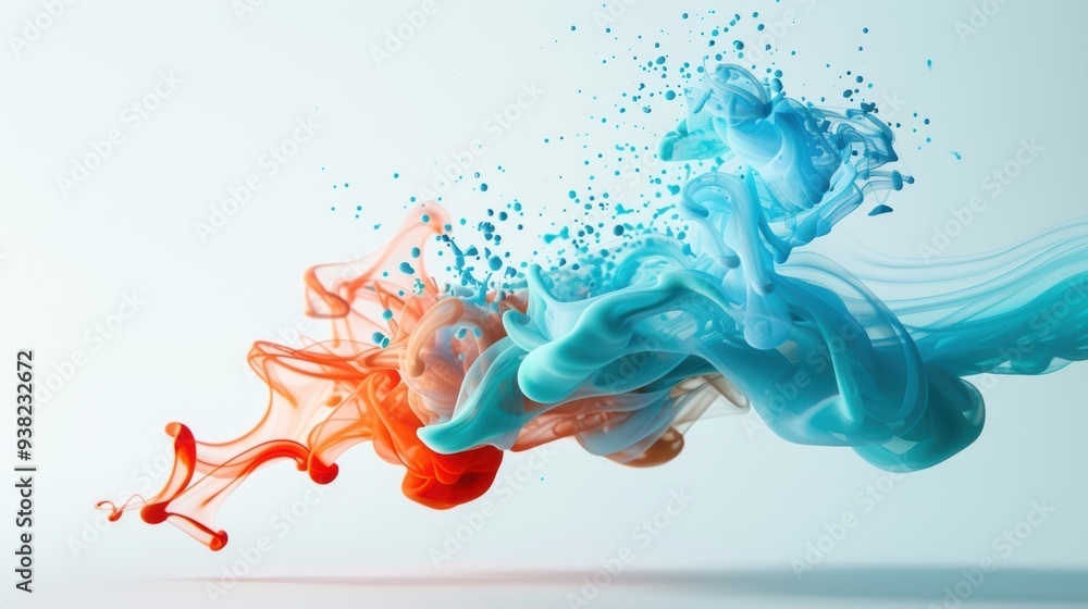 Poster artistic representation of fluid dynamics with paint and ink in water, forming captivating abstract 