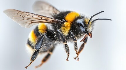 a vibrant bumblebee in midflight against a stark white backdrop captured in stunning macro detail wings blur with motion pollen dusts fuzzy body hyperrealistic textures dramatic lighting