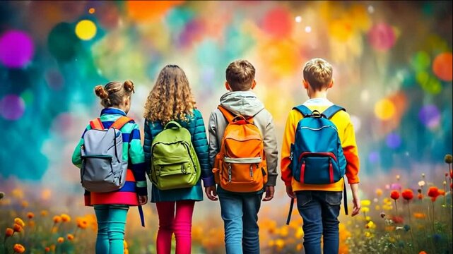 Schoolchildren with backpacks go to the magical world of knowledge.  They admire the landscape of bright colors, bizarre shapes and fabulous landscapes, in a bright and colorful video. Back to school