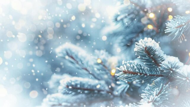 Christmas Snowflakes and festive pine cones, tree decorations illuminated by soft bokeh lights. winter background holiday designs.