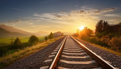Obraz premium Railway Track in a Rural Scene at Sunrise Time,Detailed view of scene featuring sunset over railway.