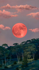 a moon with a rich red hue hangs low in the