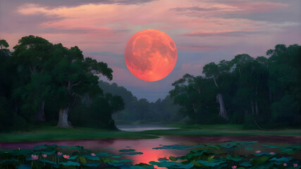 a moon with a rich red hue hangs low in the