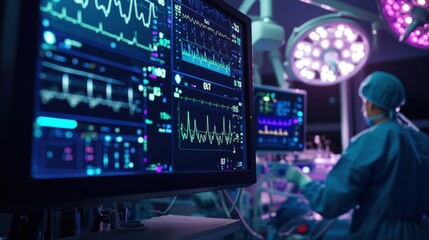 A set of medical monitors in an operating room displaying real-time patient data, including vital signs, anesthesia levels, and surgical metrics. The clean interface highlights critical information. 