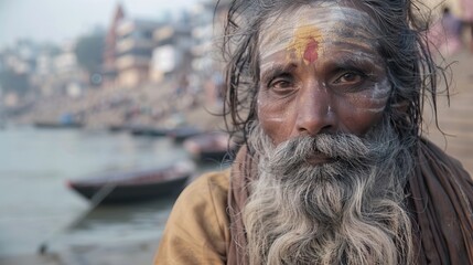 Aboriginal man in Varanasi  India by Ganga River.