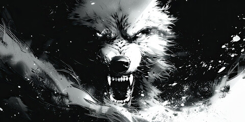 Evil white wolf showing teeth, horror, graphic novel aesthetics, dark minimalist comic book style