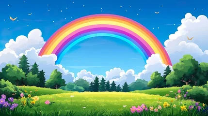 Wanddecoratie Regenboog Vivid rainbow over a peaceful rural landscape perfect for cheerful and colorful background designs  © MiltonKumar