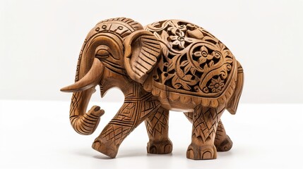 Handmade wooden elephant figurine souvenir on white background.