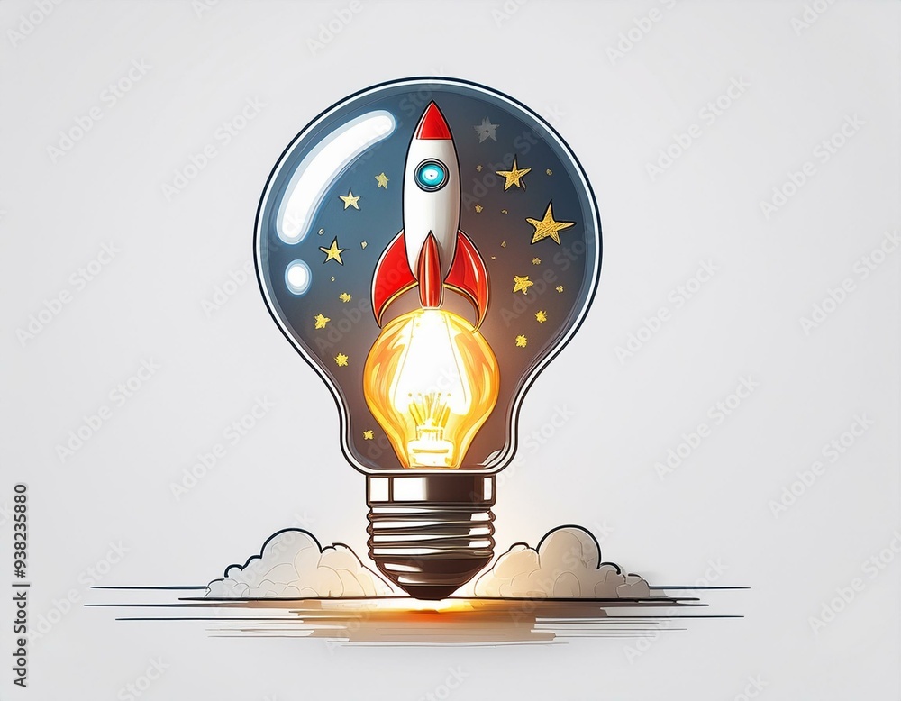 Poster rocket light bulp,glowing lightbulb inside of rocket took off from question mark for creative thinki