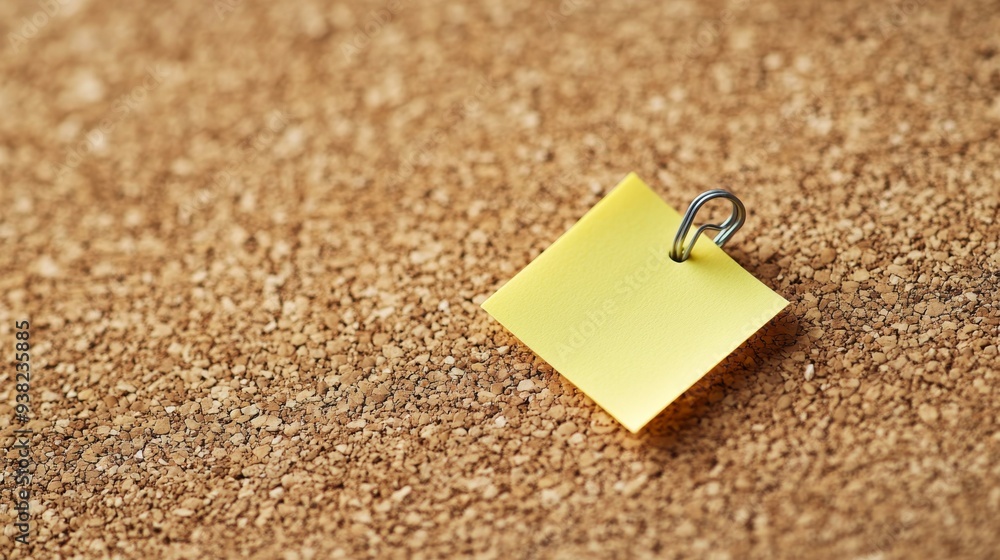 Poster a bright yellow sticky note is neatly pinned to a textured corkboard, creating a contrast with the w