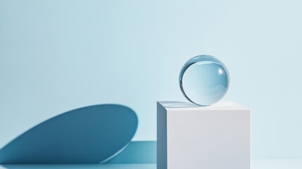 A reflective glass sphere is positioned atop a minimalist white pedestal, creating long shadows on a smooth surface, against a calming blue backdrop