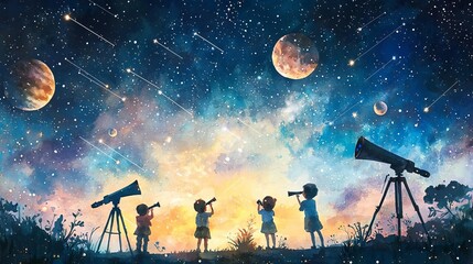 World Space Week awareness A group of children stargazing with telescopes under a brilliant night sky filled with shooting stars and distant planets