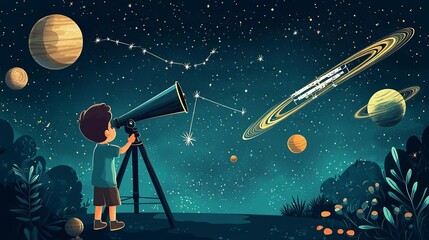 Naklejka premium World Space Week celebration Capture the wonder of space exploration by illustrating a child looking through a telescope