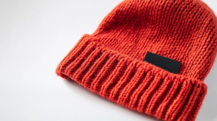 A bright red knitted beanie features a neatly attached black label on the fold, showcasing a blend of comfort and style for chilly weather