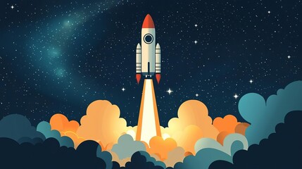 Obraz premium World Space Week events Space rocket launching, starry night sky, flat design illustration