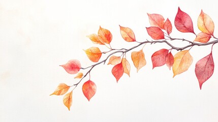 A detailed watercolor illustration features an autumn branch with vibrant leaves in hues of red, orange, and yellow, capturing the essence of the fall season