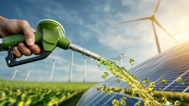 A green fuel nozzle pours droplets of biofuel against a backdrop of wind turbines and solar panels, highlighting a commitment to renewable energy sources