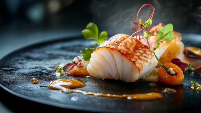 Delicately arranged seafood showcases fish and shellfish with vibrant garnishes, highlighting culinary artistry and sophistication in a high-end dining setting