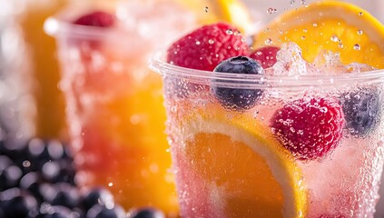 Refreshing Fruit Drinks with Ice Cubes and Water Droplets. AI generated illustration