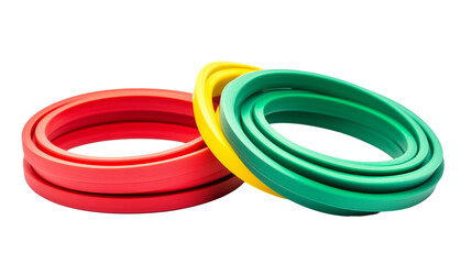 Fototapeta premium Three resistance bands in different colors arranged separately isolated white or transparent background