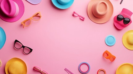 A playful assortment of colorful cartoon accessories, including various hats and glasses, is scattered over a soft pastel surface, creating an imaginative and fun vibe