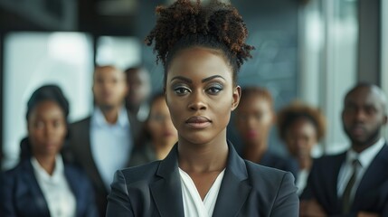 Fototapeta premium Portrait of a confident black businesswoman with all african american team in the background