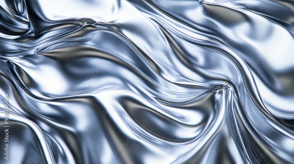 Poster a reflective silver metallic surface flows elegantly, featuring intricate wavy patterns that create 