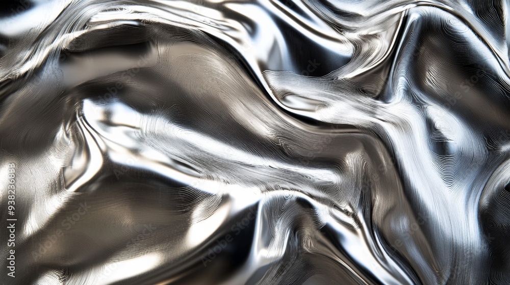 Poster a closeup view reveals a captivating silver metallic surface with wavy patterns that fluidly reflect