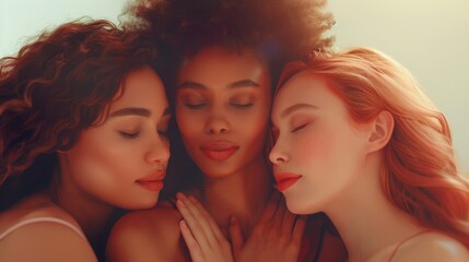 Fototapeta premium Warm Embrace: Three Women of Diverse Backgrounds Sharing Love and Acceptance