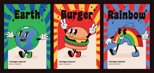 Three Poster Collection Vintage Groovy Mascots Earth Burger Rainbow