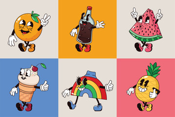 Fototapeta premium Six Vintage Groovy Mascot Collection Orange Cola Watermelon Ice Cream Rainbow Pineapple