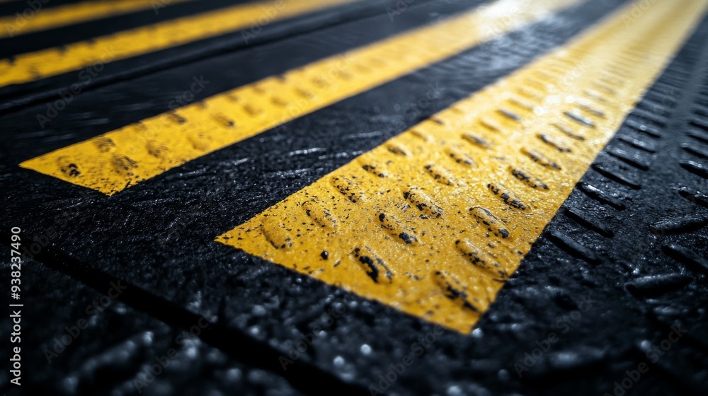 Wall mural closeup view of bold yellow anti-slip floor markings on a textured black rubber surface within a fac