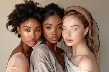 Obraz premium Portrait of Unity: Three Women of Diverse Ethnic Backgrounds Embracing Harmony