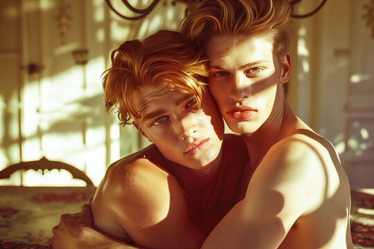 Young gay couple in sunlight. Two naked gay twinks hug