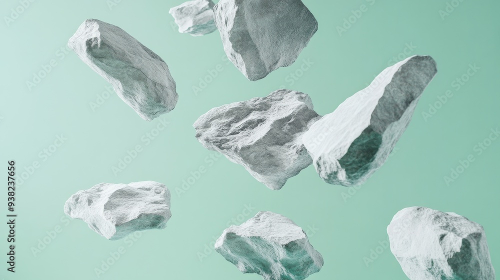 Poster gray rocks appear to float in midair, elegantly falling against a soft pastel green backdrop, creati