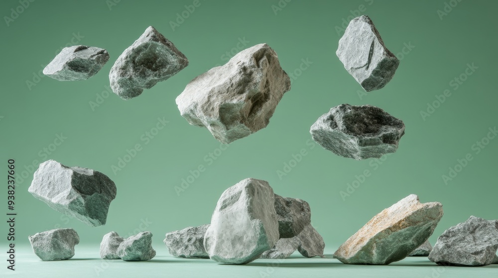 Poster gray rocks float elegantly in midair, creating a captivating arrangement against a soft pastel green