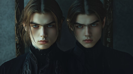 Portrait of two handsome young men with pale skin, long dark hair, and blue eyes dressed in black Victorian attire, standing side by side against a gothic background 
