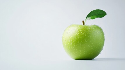 A vibrant green apple sits prominently with a dewy leaf, highlighting its freshness against a clean, neutral background. The detail emphasizes its appealing texture and color