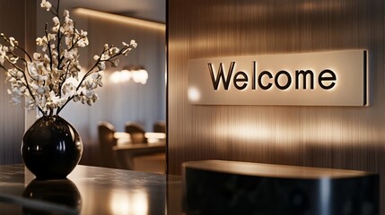 A chic welcome sign is prominently displayed at the entrance of a contemporary salon, complemented by elegant decor and a warm atmosphere inviting guests inside