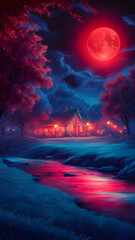 a moon with a rich red hue hangs low in the