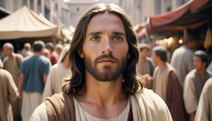 Obraz premium Jesus Close-Up with a Bustling Ancient Marketplace Background, Blurred People and Stalls in the Distance - Evocative Religious Art Blending Spirituality with Historical Urban Life